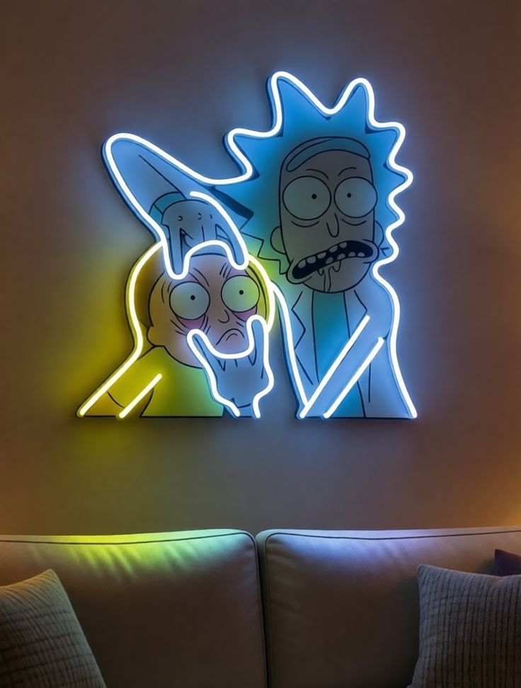 Qonaq otağında cizgi qəhrəmanları neon dekoru