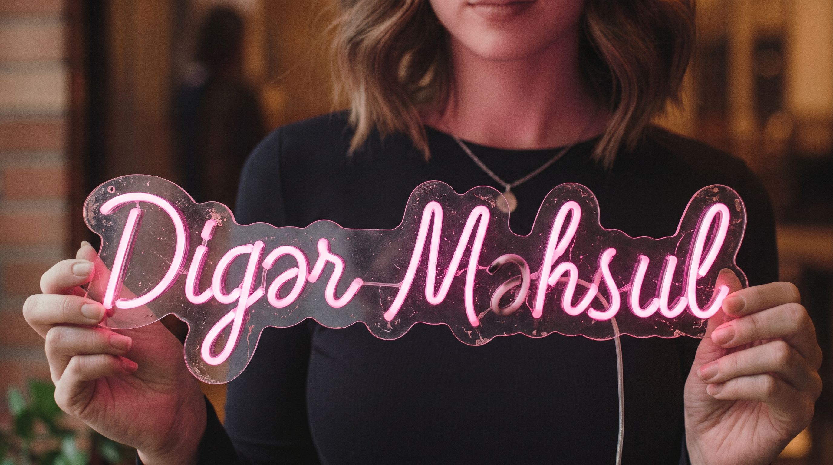 Digər ucuz məhsul: solğun işıqlı, cızıqlı və çirkli akril üzərində neon yazı
